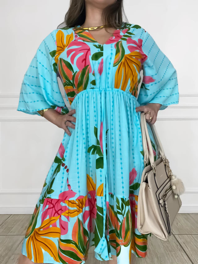 Vestido Curto Estampado em Viscose Sarjada Mangas Morcego - Sara