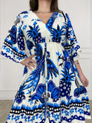 Vestido Curto Estampado em Viscose Sarjada Mangas Morcego - Sara