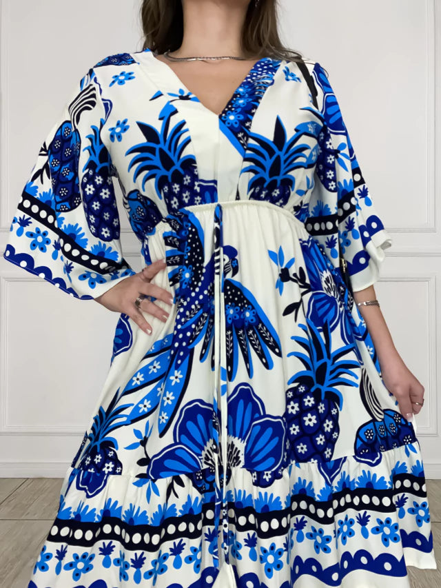 Vestido Curto Estampado em Viscose Sarjada Mangas Morcego - Sara