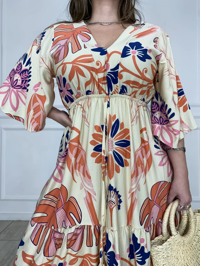 Vestido Curto Estampado em Viscose Sarjada Mangas Morcego - Sara