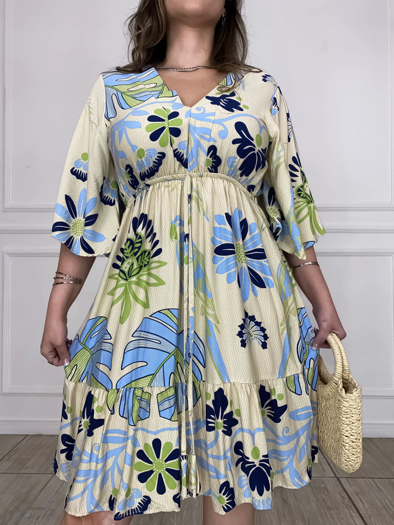 Vestido Curto Estampado em Viscose Sarjada Mangas Morcego - Sara